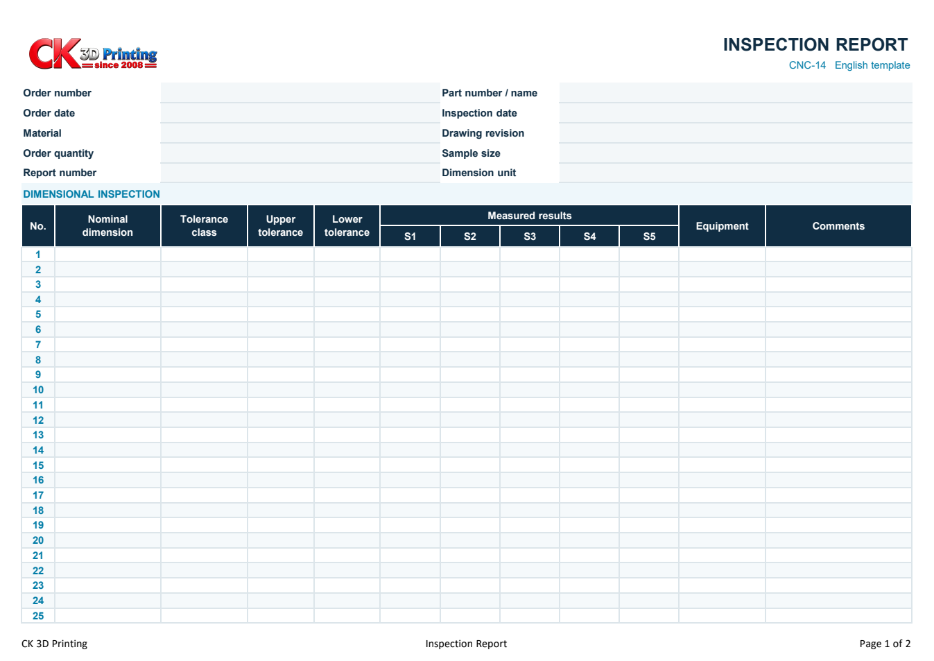 Blank CK 3D Printing inspection report template from Packaging & Delivery