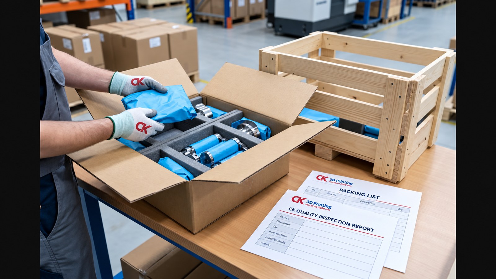 CK Packaging and Delivery: protected machined parts prepared for shipment