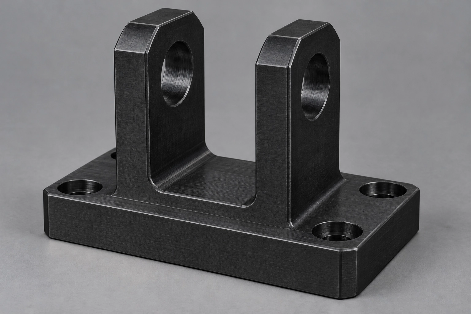 CNC steel clevis fixture with black oxide finish
