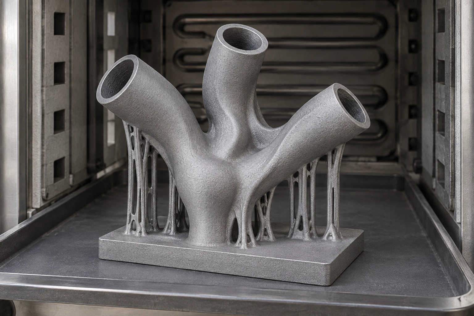 A metal printed manifold before a thermal cycle, retaining its printed surface and supports
