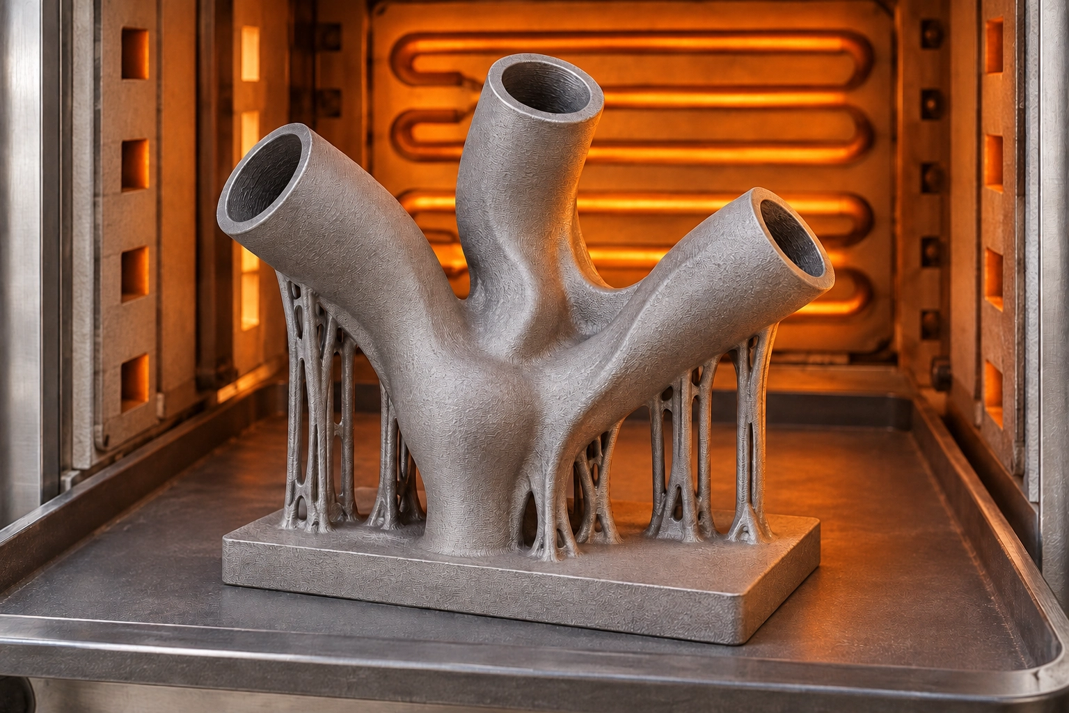 A metal printed manifold during a thermal cycle, with warm furnace lighting