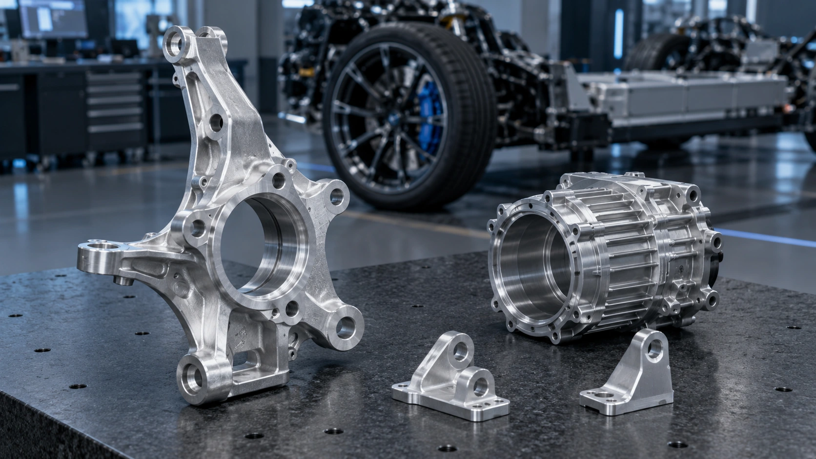 Automotive aluminium suspension upright, motor housing and mounting brackets